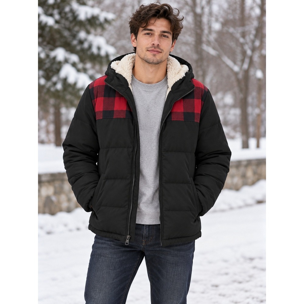 Levi Strauss Puffer Jacket Mens S Black Red Buffalo Plaid Sherpa Hooded Coat